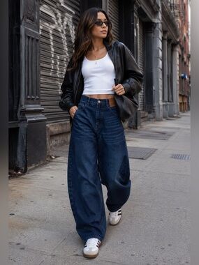 Acosey Dark Wash Baggy Barrel Leg Jeans Size M High Rise Wide Balloon Curved